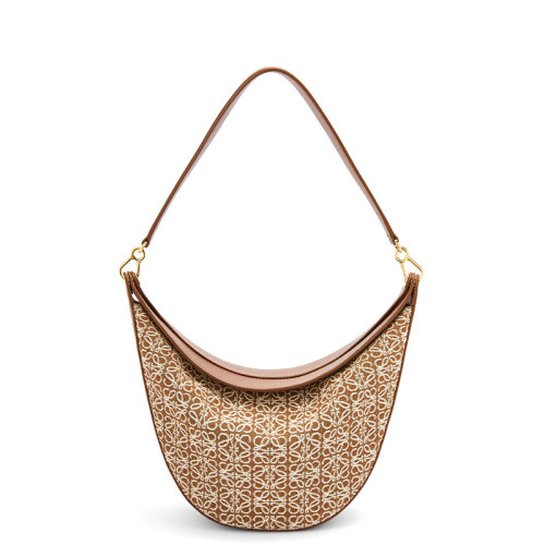 LOEWE/罗意威 22春夏新款LUNA系列 女士棕褐色/米色老花帆布配皮压纹徽标金扣配可拆卸肩带单肩手提腋下新月hobo流浪包A923PL9X01-2713