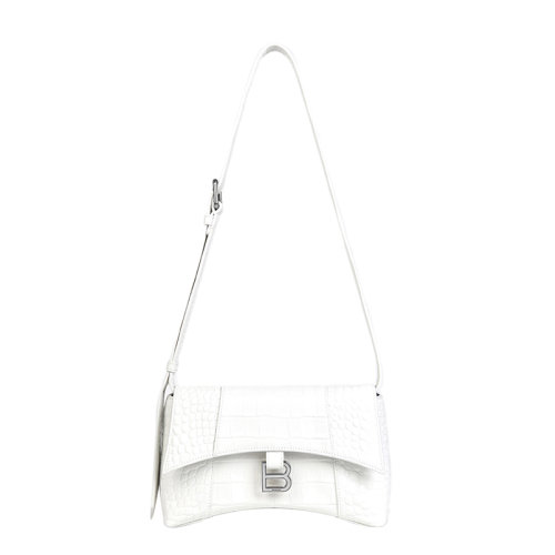 Balenciaga/巴黎世家 20  DOWNTOWN系列 女士XS号白色鳄鱼纹压花小牛皮复古银色饰面B徽标单肩斜挎包67135523E8Y9016