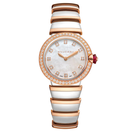 BVLGARI/宝格丽 18k金t玫瑰金表圈 镶有明亮式切割钻石 白色珍珠母贝表盘 钻石时标和不锈钢手镯 LVCEA石英手表 28毫米102475