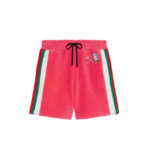 GUCCI/古驰 22秋冬款 The North Face联名系列 女士粉色涤纶饰有彩色刺绣LOGO徽标两侧饰有绿红条纹织带抓绒短裤?673725XJDUC5554