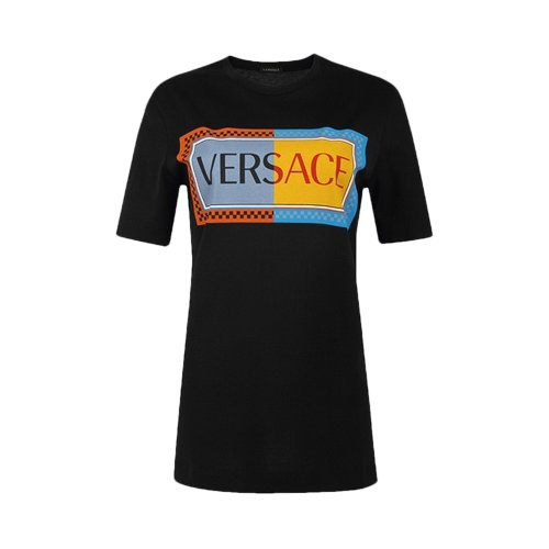 VERSACE/范思哲 女士黑色棉质经典字母徽标印花装饰圆领短袖上衣T恤 A82247-A228806-A1008
