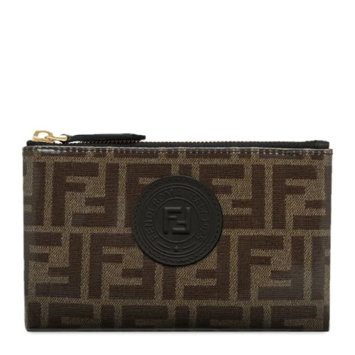 FENDI/芬迪 女士棕黑拼色小牛皮全提花FF图案正面圆形皮革徽标拉链开合平底邮袋钱包手包手拿包女包 8N0147-A5K4-F14TU