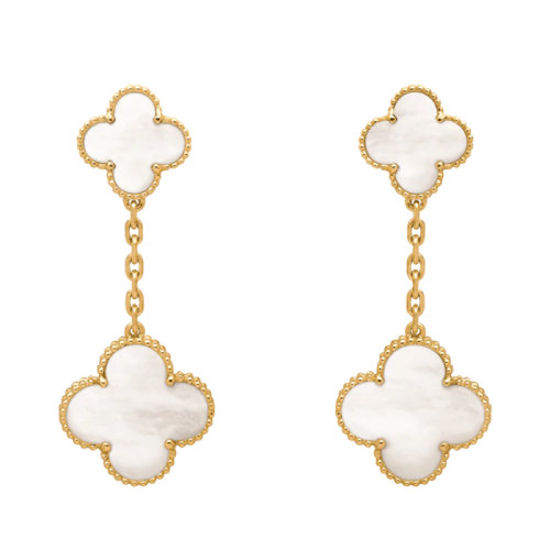 Van Cleef & Arpels/梵克雅宝 经典Magic Alhambra系列 18K金黄金镶嵌白色珍珠母贝幸运四叶草耳坠VCARD78800