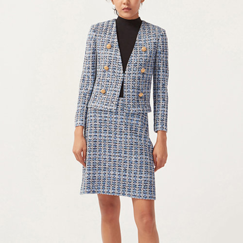 St.John/盛蔷女士蓝格纹提花针织短款女士夹克外套K6111L3