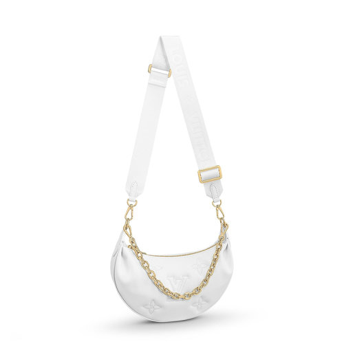Louis Vuitton/路易威登 22春夏新款Over The Moon系列 女士雪白色老花压纹牛皮革金扣金链单肩斜挎手提月亮包M59959