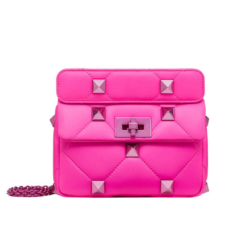 Valentino/华伦天奴 22新款 ROMAN STUD系列 女士小号粉色绗缝小羊皮同色饰面旋转扣翻盖开合同色滑动链条单肩包1W0B0L04MMWUWT