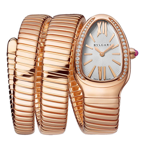 BVLGARI/宝格丽 18K金玫瑰金表壳和金双螺旋表链 镶有明亮式切割钻石 银色不透明表盘 SERPENTI TUBOGAS石英手表 35毫米 103002