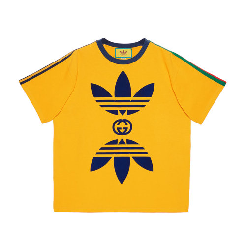 GUCCI/古驰 22年秋冬新款 adidas联名系列 男士黄色纯棉Logo印花短袖T恤691636XJEKR7219