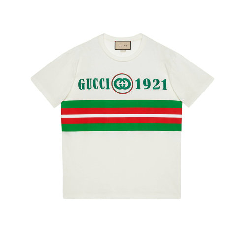 GUCCI/古驰 22年春夏新款 女士白色纯棉1921刺绣配互扣式双G贴饰短袖T恤615044XJD5U9128