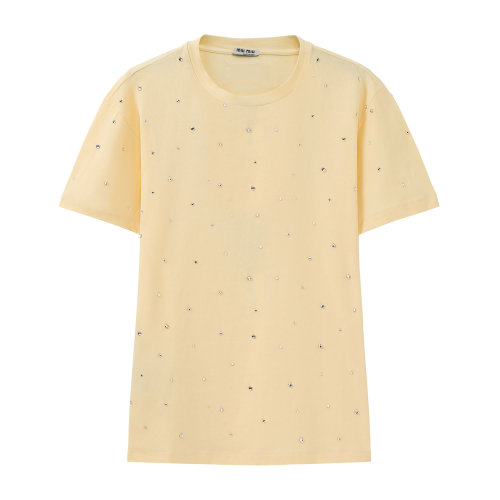 MiuMiu/缪缪 浅黄色 女士仿水晶装饰短袖T恤 MJN179_1WA2_F0901