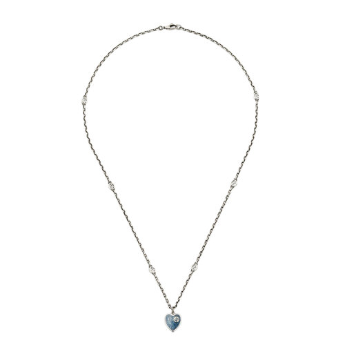 GUCCI/古驰 925银浅蓝色珐琅银色双G心型吊坠项链645545J89B48490