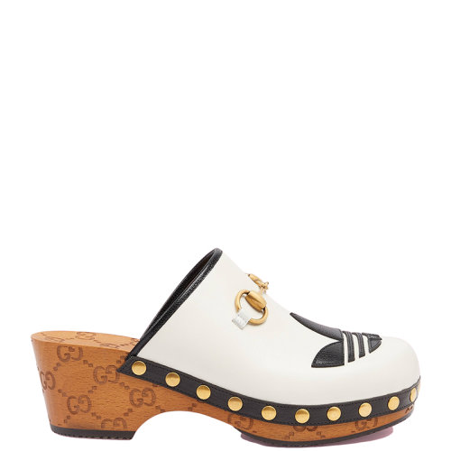  GUCCI/古驰 22年秋冬新款 adidas联名系列 女士米白色/黑色皮革马衔扣木底凉鞋拖鞋?702218DTNP09160