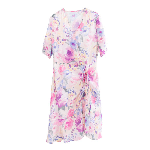 GeleiStory/GeleiStory 夏季新款修身浪漫印花桑蚕丝V领短袖抽绳荷叶边连衣裙 女士裙装>女士连衣裙