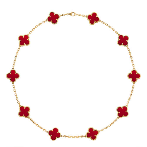 Van Cleef & Arpels/梵克雅宝 经典Vintage Alhambra系列 18K金黄金红玛瑙10四叶草项链VCARD40600
