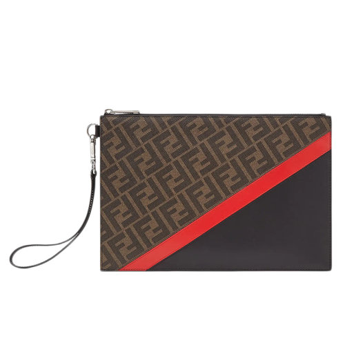 FENDI/芬迪  男士棕色老花图案拼黑色红色皮革手拿包7N0110A9XSF19P9