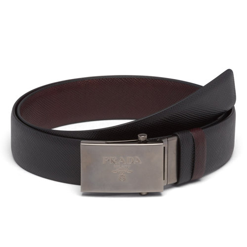 PRADA/普拉达 男士黑色/咖啡棕色摩洛哥皮革金属搭扣双面腰带35毫米2CM016_2FAD_F0XCR