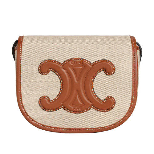 CELINE/赛琳 22新款FOLCO系列 女士自然色帆布配棕色系皮革细节同色系凯旋皮扣单肩包198262EFL.02NT