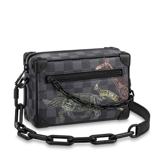Louis Vuitton/路易威登 22春夏新款SOFT TRUNK系列 男士迷你石墨色方格棋盘帆布牛皮革饰边黑链彩色动物印花单肩手提链条盒子包N45278
