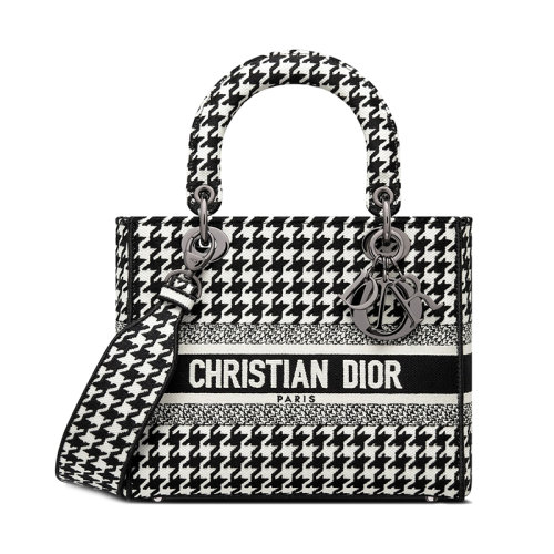 DIOR/迪奥 22新款LADY D-LITE系列 女士中号黑/白色千鸟格刺绣图案织物黑色扣配可拆卸肩带单肩斜跨手提戴妃包M0565BZAF_M911