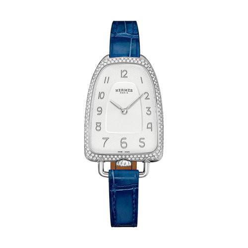 HERMES/爱马仕      Galop系列 女士石英机芯水晶银粒表盘精钢表壳和蓝色鳄鱼皮表带腕表40.8X26毫米W047887WW00