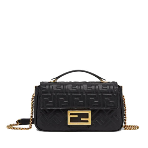 FENDI/芬迪 BAGUETTE系列 女士黑色压纹纳帕小羊皮FF搭扣单肩斜挎链条法棍包8BR793AH9CF1CFJ