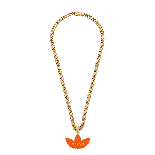 GUCCI/古驰 22新款阿迪达斯联名系列 男女同款黄金色调金属橙色珐琅三叶草徽标吊坠马衔索链项链702926J16318082