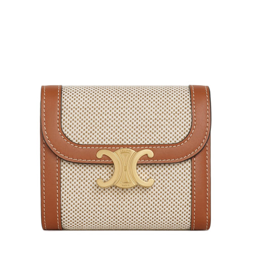 CELINE/赛琳 TRIOMPHE系列 小号织物棕褐色小牛皮饰边凯旋金扣短款钱包10D782CLD.04LV