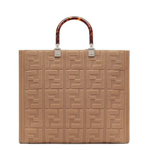 FENDI/芬迪 SUNSHINE系列 女士中号米色FF布料玳瑁壳效果硬质树脂玻璃手柄单肩手提包8BH386AHWCF09YL