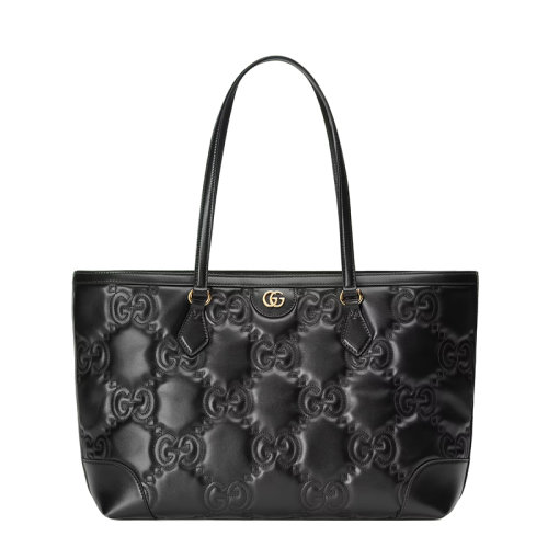 GUCCI/古驰 22新款 女士中号黑色GG绗缝皮革金色双G标志装饰手提单肩托特包631685UM8IG1000