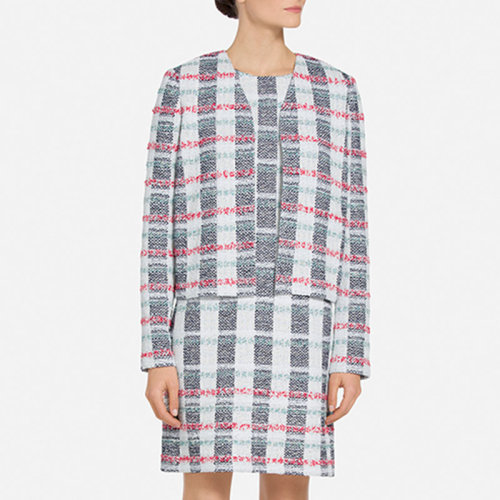 St.John/盛蔷V领条纹粗花呢短款女士夹克外套K6100X2