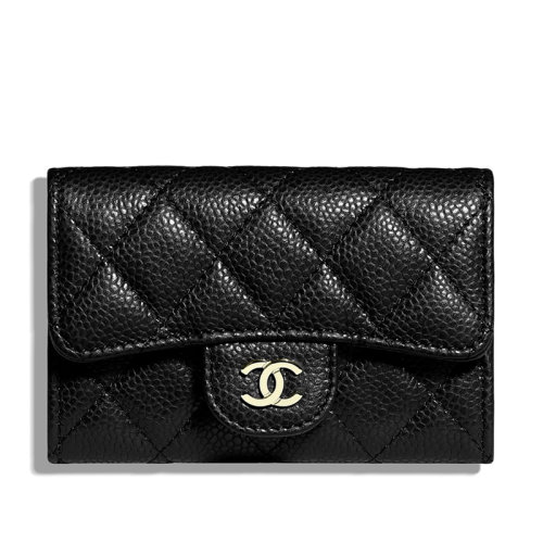  CHANEL/香奈儿 经典classique系列 黑色鱼子酱压纹小牛皮 金色双C卡片夹