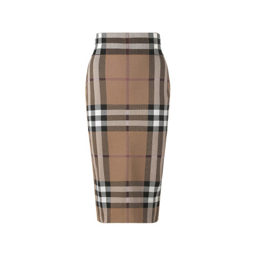 BURBERRY/博柏利 【22秋冬新款】 女款棉/混纺贴身筒式高腰半身裙子桦木棕标志性格纹提花 80434121