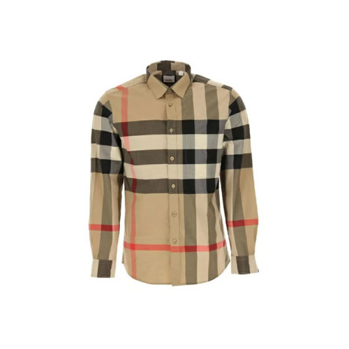 BURBERRY|巴宝莉 经典vintage格子弹力棉府绸长袖衬衫 男款 米色