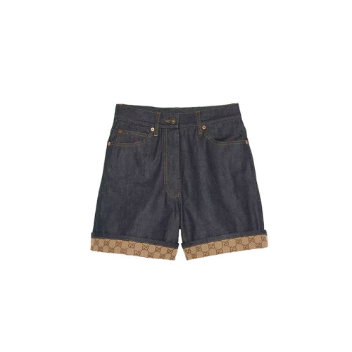 GUCCI/古驰 22秋冬新款 女士蓝色纯棉混纺GG帆布滚边牛仔短裤701707XDB2A4759