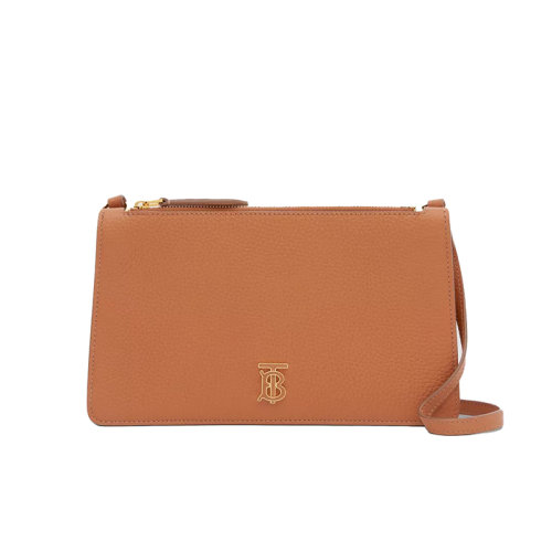 BURBERRY/博柏利 22新款 女士赤褐色粒面皮革拉链开合金色字母抛光金属饰面皮表带手拿包80606431