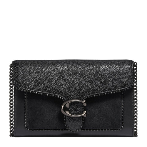 COACH/蔻驰女士黑色皮革金属字母徽标珠链饰边翻盖单肩包斜挎包链条包女包 6908V5BLK