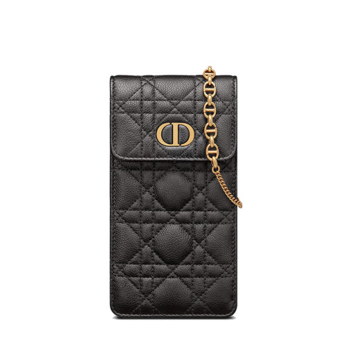 DIOR/迪奥 22春夏新款CARO系列 女士黑色柔软牛皮革藤格纹金扣金链斜跨单肩手机包S5105UWHC_M900