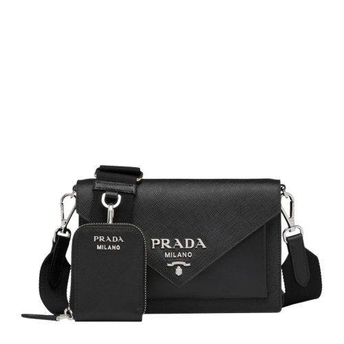 PRADA/普拉达 女士黑色Saffiano 皮革刻字徽标点迷你信封包单肩包斜挎包女包 1BP020-2EVU-F0002-NOO