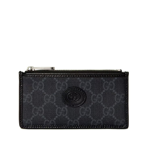 GUCCI/古驰 22春夏新款 男士黑色老花帆布皮革滚边互扣式双G椭圆形皮革标牌拉链开合卡片夹卡包69771792TCF1000