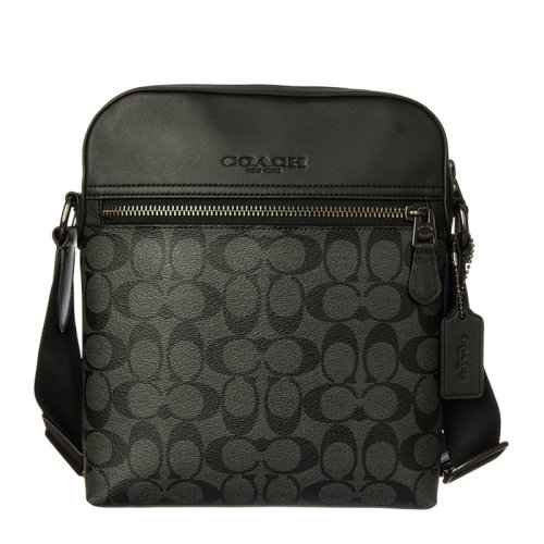 COACH/蔻驰Houston系列男士黑灰拼色涂层帆布配皮经典双C字母徽标印花装饰拉链开合单肩包斜挎包邮差包信使包男包 F4010QBMI5