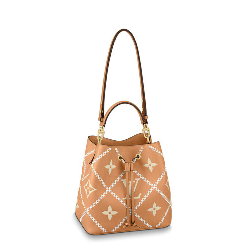 Louis Vuitton/路易威登 22春夏新款NéONOé系列 女士中号亚利桑那橙老花压纹粒面牛皮革白色格纹刺绣细节同色系柔软皮革饰边金扣单肩斜跨手提抽绳水桶包M46029