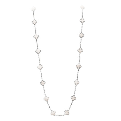 Van Cleef & Arpels/梵克雅宝 经典Vintage Alhambra系列 18k金白金链条白色珍珠母贝20四叶草长项链VCARF48800