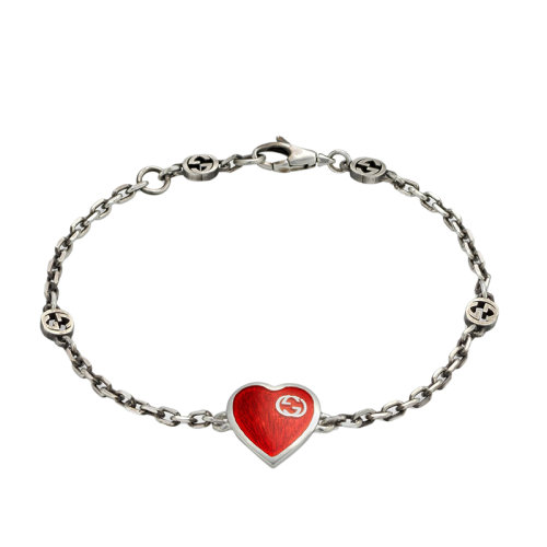 GUCCI/古驰 925银红色珐琅银色双G心型挂坠手链645546J89B41192
