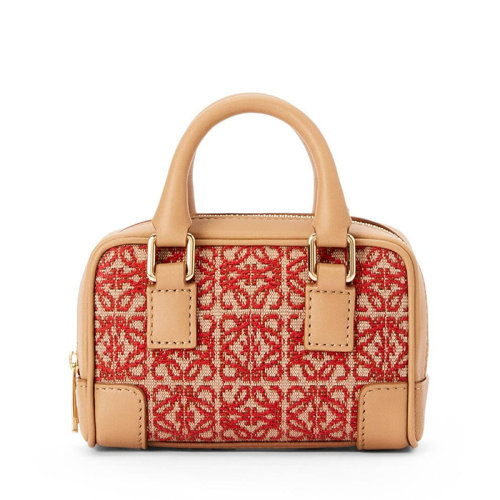 LOEWE/罗意威 22春夏新款情人节特别版AMAZONA系列 女士超迷你红色/暖沙色帆布配皮Anagram印花单肩斜跨手提包0010679785