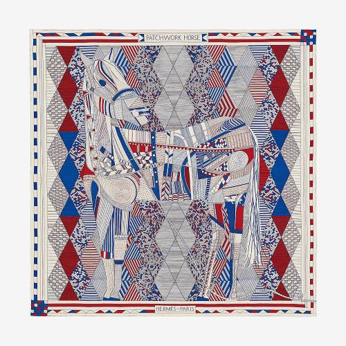 HERMES/爱马仕  围巾/披肩披肩 拼布马披肩140羊绒和真丝披肩，带有手卷边缘（70％的羊绒，30％的真丝）奈杰尔·皮克（Nigel Peake）设计灰/海军蓝 均码