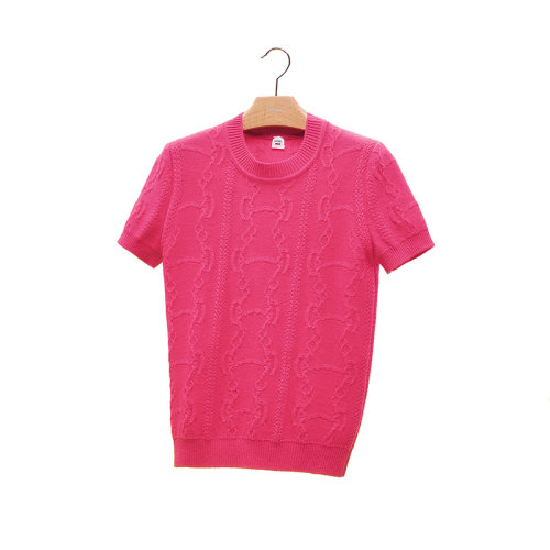 HERMES/爱马仕 22年秋冬新款 女士粉色羊毛混纺主题印花编织圆领短袖毛衣H2H2666D65742