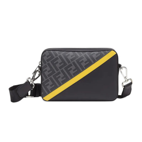FENDI/芬迪   男士灰色老花织物黄色黑色皮革相机包斜跨手拿单肩包7M0286A9XSF0R2A
