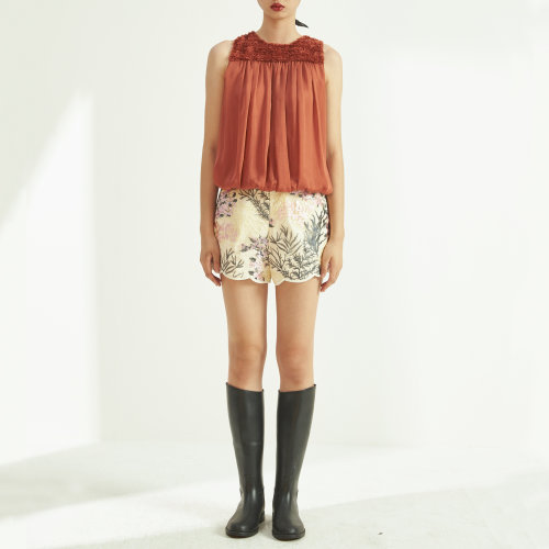 nisiss/怡夕碎褶拼接领雪纺背心女士短袖T恤y156xv15