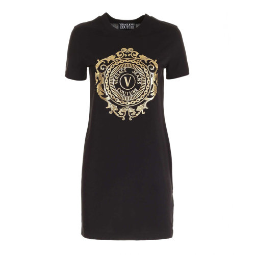 VERSACE JEANS/范思哲牛仔 女士黑色棉质经典字母徽标印花装饰圆领短袖连衣裙 D2HWA4FA-30454-K42