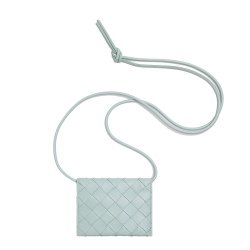 Bottega Veneta/葆蝶家 22春夏新款 女士水洗青色Intrecciato编织皮革配背带翻盖卡包689527VCPP33902